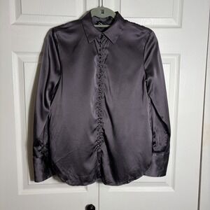 Club Monaco Silk Blend Blouse Women S Plum Gray Satin Rouleau Loop Button Front